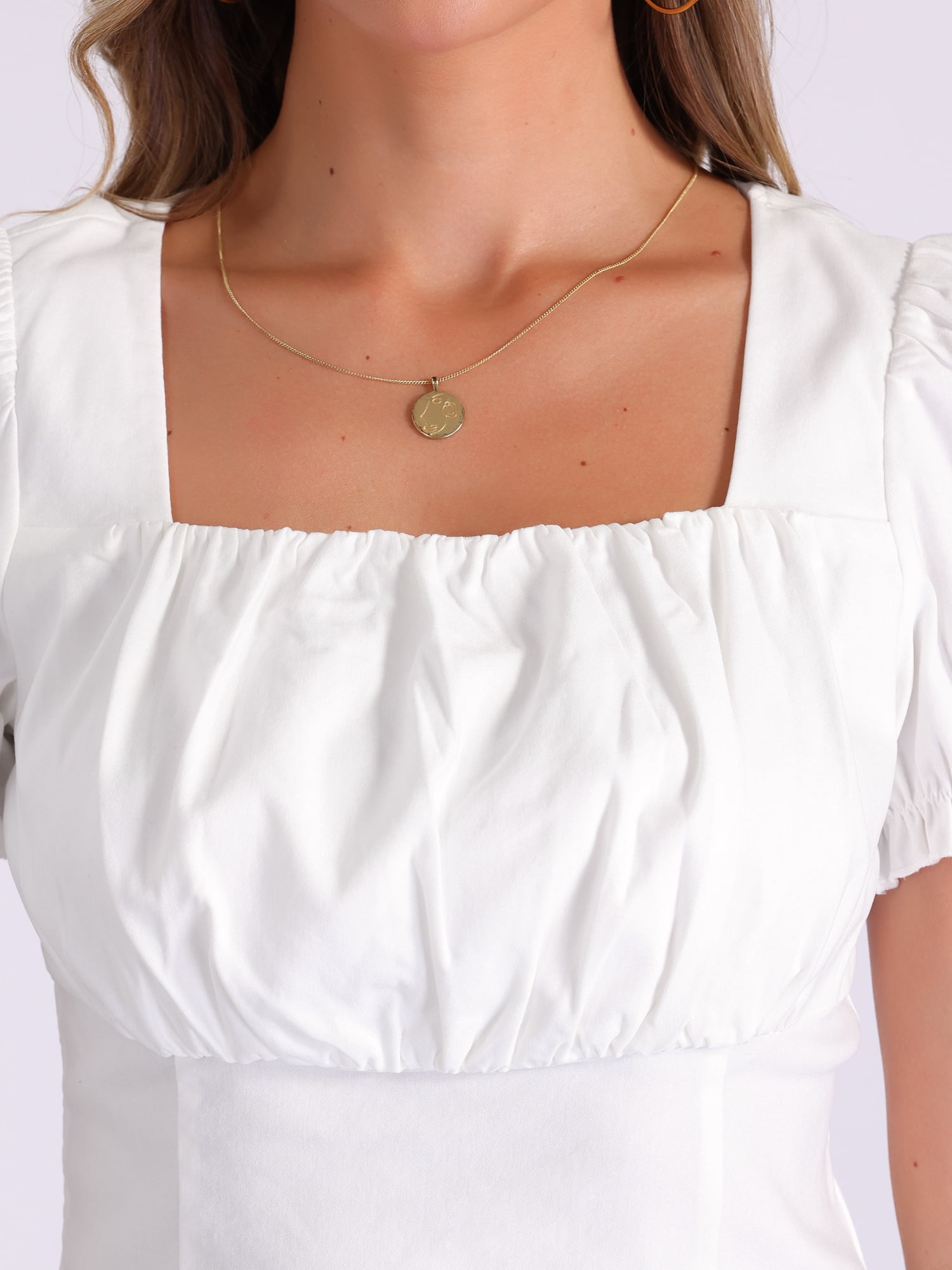 DARING DIVA Women's Square Neck Puff Sleeve Victorian Vintage Top M White