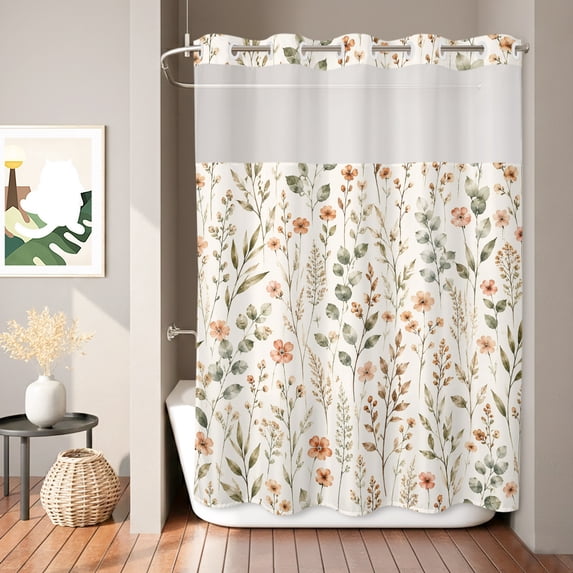No Hook Shower Curtain, Orange Red Floral Shower Curtains for Bathroom with See Through Top Window, Fall Farmhouse Country Leaf Wild Flowers Waterproof & Washable Bath Curtain Stall 48"x72"