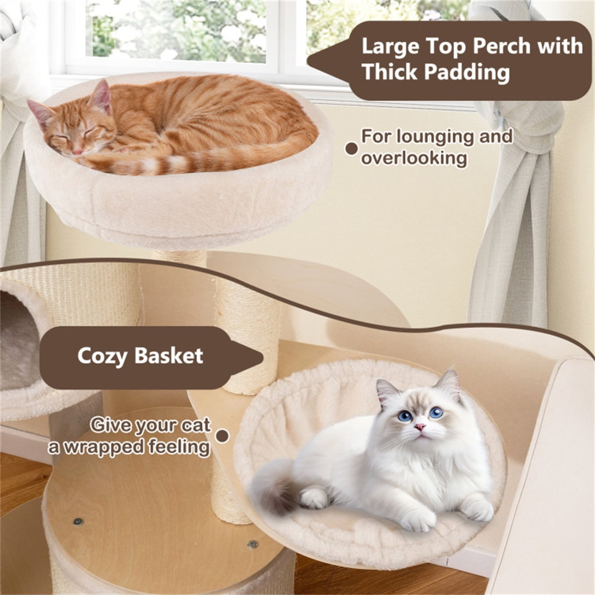 ZephyPaws 60in Tall Cat Tree for Indoor Cats,Wooden Cat Tree Tower with 2 Condo, Sisal Scratching Posts and Board,Top Perch and Basket,Beige