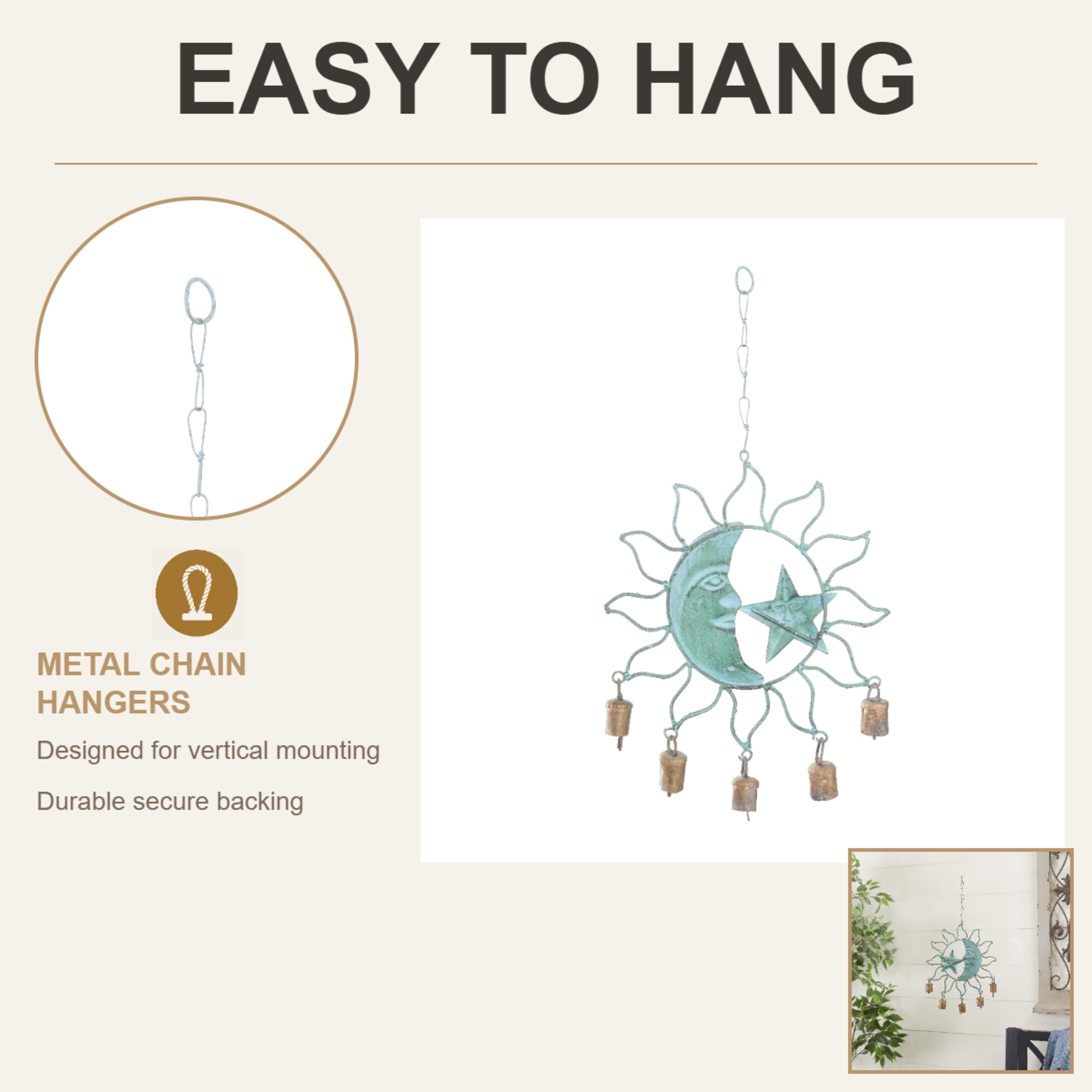 DecMode 20" Teal Metal Sun and Moon Windchime with Bells