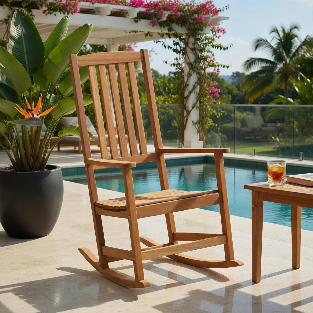 Hommoo Ergonomic Hardwood Patio Rocking Chair, High-Back Outdoor Rocker with Smooth Rocking Base for Backyard, Porch & Balcony, Natural