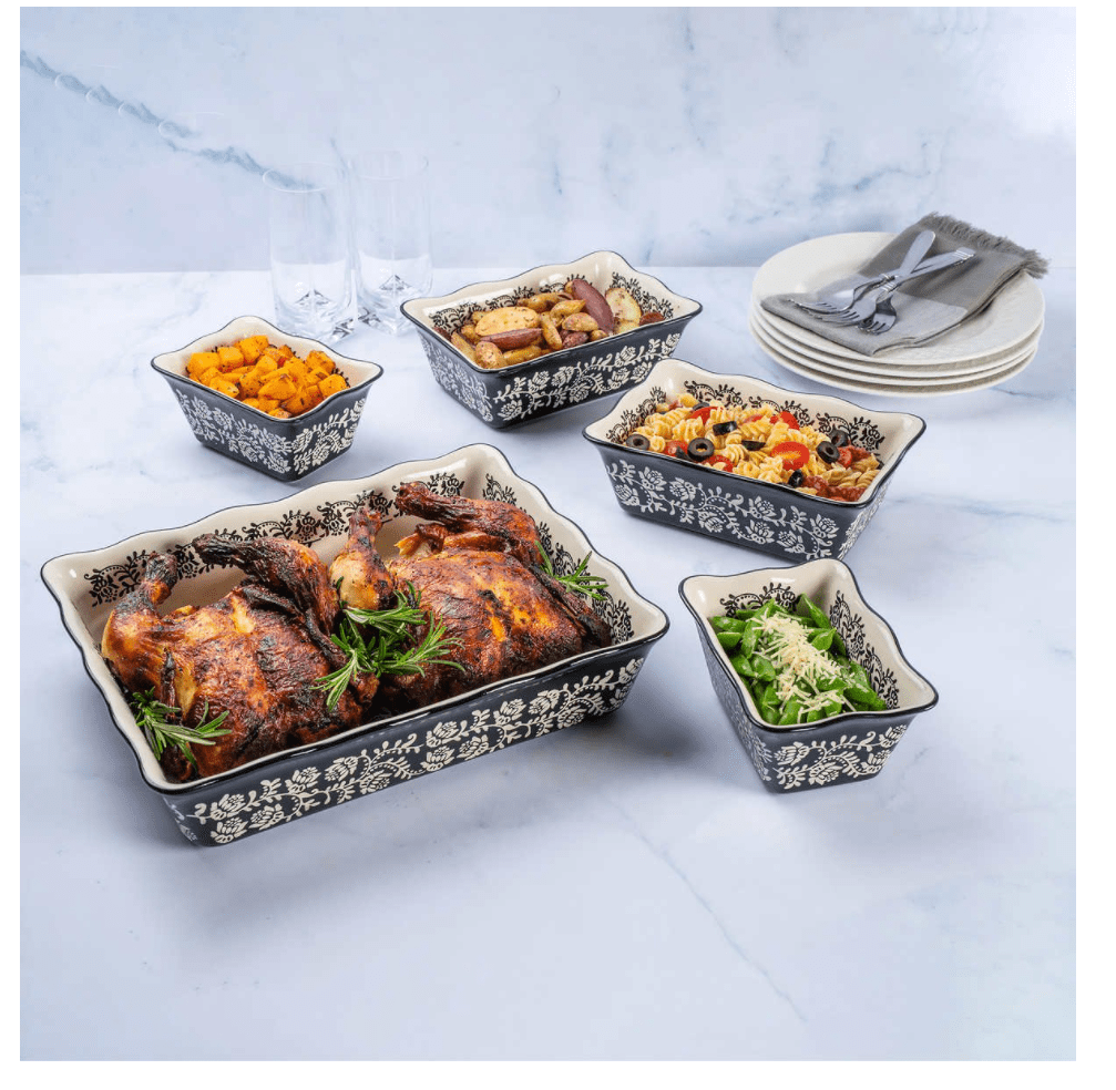 Baum Floral Vines 5-Piece Ceramic Bakeware Set with Rectangular and Square Dishes, Black