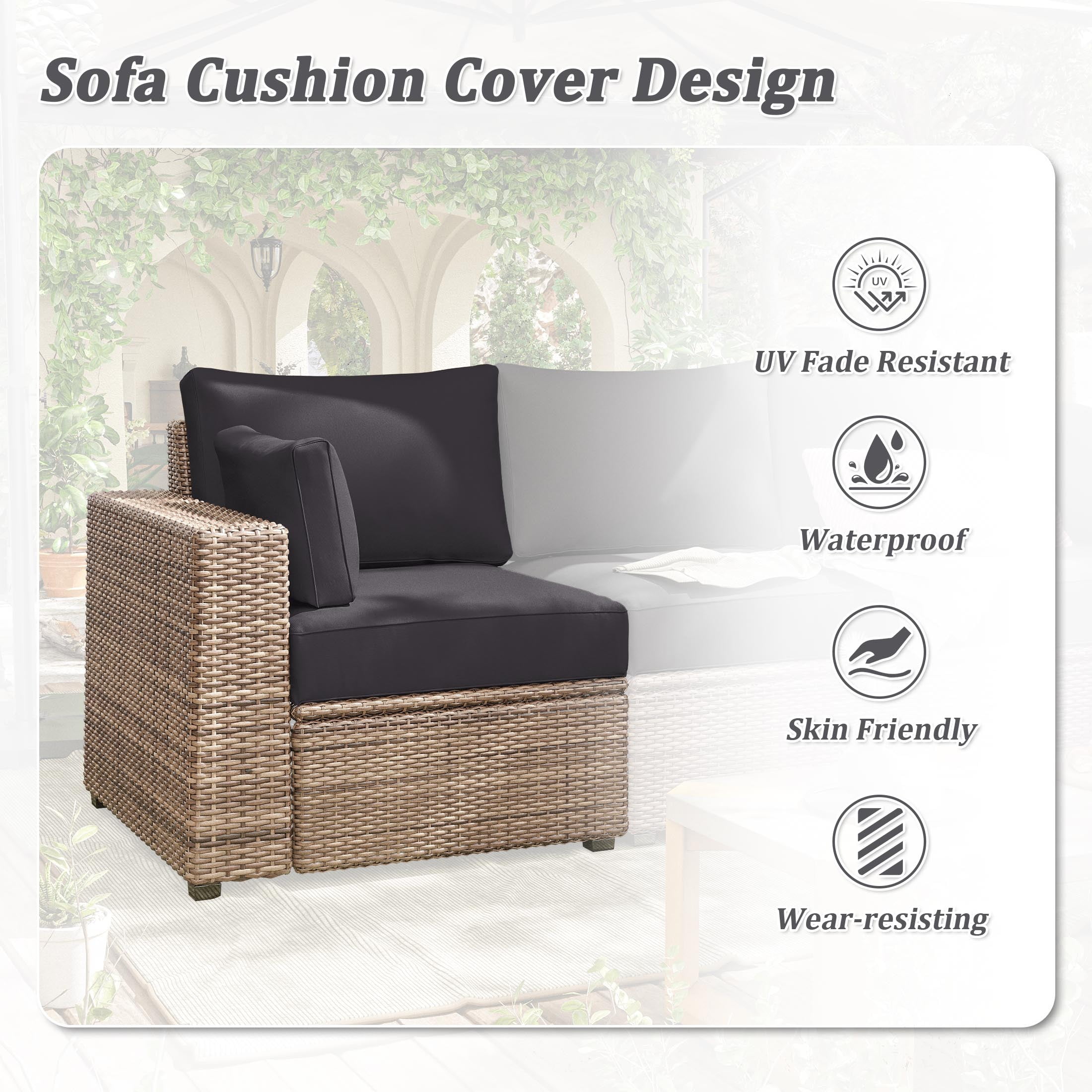 Pakunoda Outdoor Cushions Replacement, 8 Piece Sectional Cushion Fits 3-Seat, 4” Foam Deep Seat, for Patio Rattan Wicker Replacement Cushion, Liner&Cover, Grey