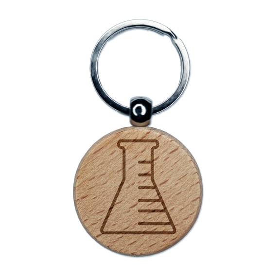 Science Chemistry Beaker Flask Round Keychain Charm Tag - Engraved Wood