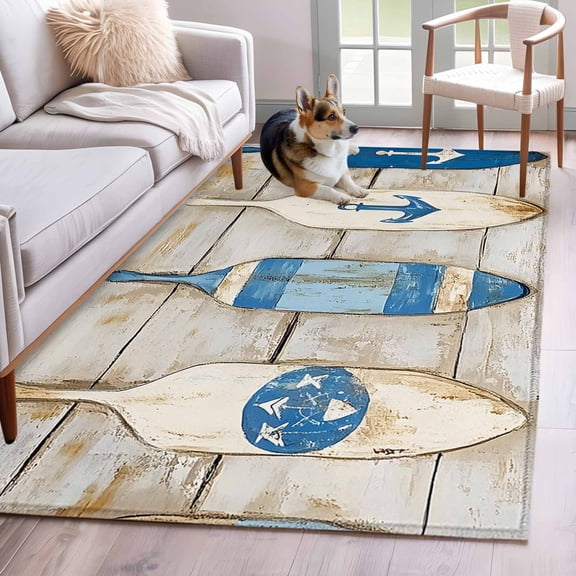 Blue Coastal Nautical Area Rug 3x5 Washable Rug Non Slip Vintage Beach Summer Sailing Large Area Rug Indoor Floor Carpet for Entryway Bedroom Kitchen Living Room Home Office Dining Room Nursery