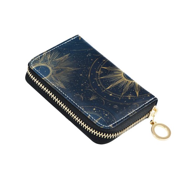 PU Leather Zipper Card Case Wallet Credit Card Holder with 9 Card Slots 4.7" x 3.1" Mysterious Celestial Pattern