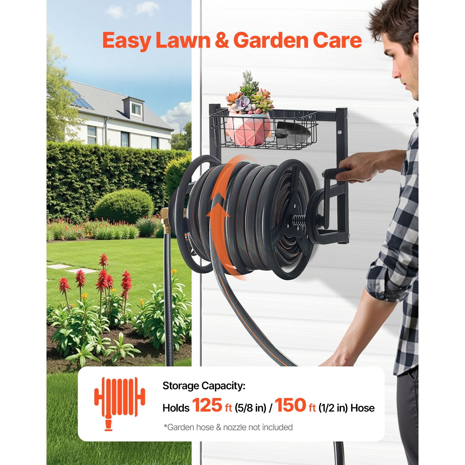 Wall-mounted garden hose reel 125 '5/8 ", reel with brass fittings, outdoor hand reel, yard lawn storage basket, space saving