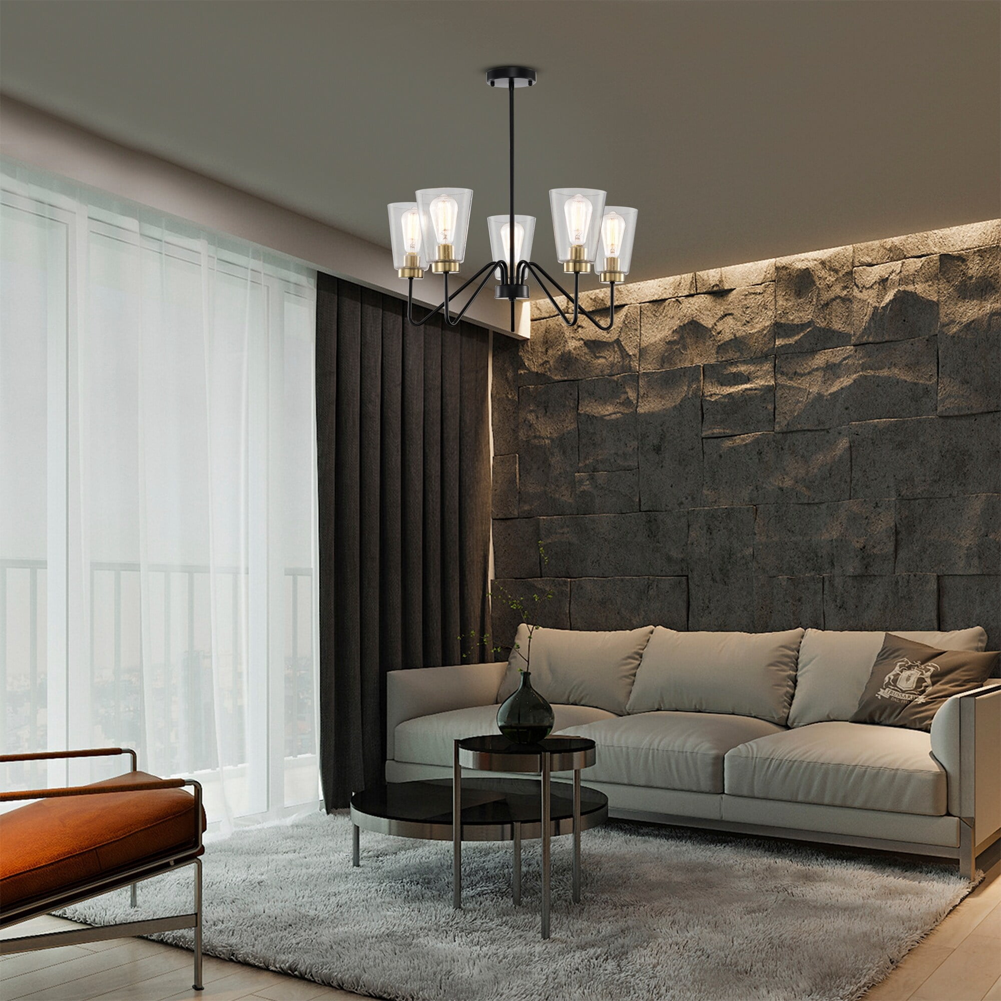 Kendrey 25.1 in. 5-Light Indoor Matte black and Brass Finish Chandelier with Light Kit