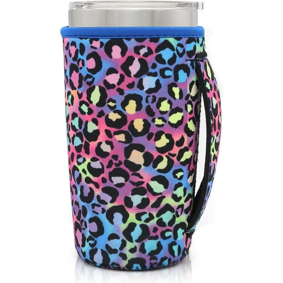 SHILIU-Neoprene Insulated Sleeves Cup Holder with Handle for 20oz Tumbler Cups, Reusable Iced Coffee Sleeve Compatible with Starbucks Trenta, Dunkin Large, more(Blue Cheetah)