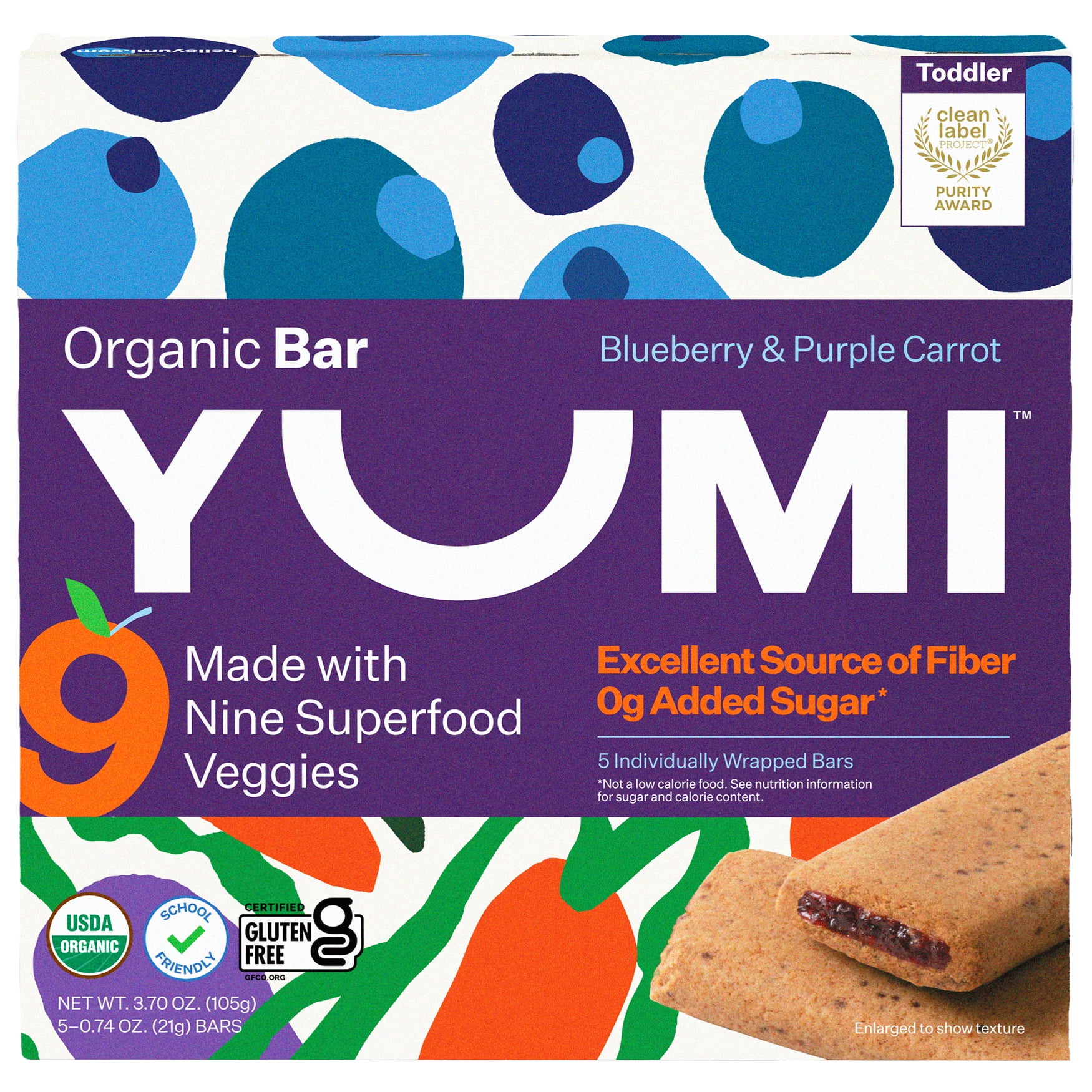 (6 pack) YUMI Organic Blueberry & Purple Carrot Toddler Snack Bars - 3.7oz/5ct