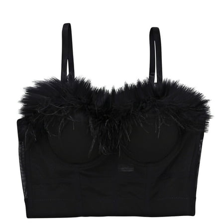 Virmaxy Women s Faux Fur Full Figure Bras Comfort Shaping Full Figure Wirefree Tank Top Bra Printing Gathered Together Large Size Daily Bra Underwear No Rims Black-B XL