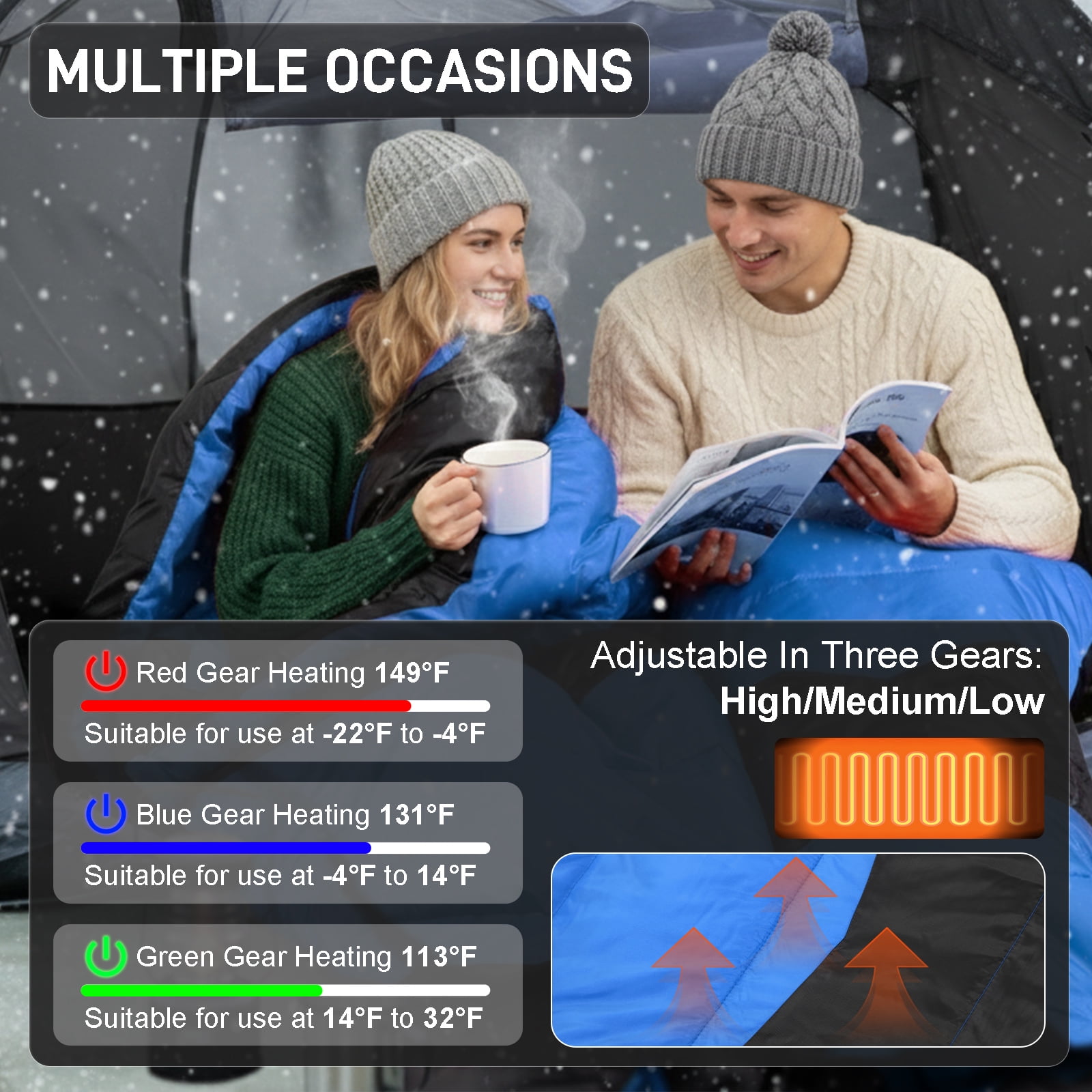 Ktaxon Heated Sleeping Bag,  Rectangular Lightweight Sleeping Bag with USB Powered Heating Pads for 14-50 °F, Compact Envelope Sleeping Bag for Camping Picnic Hiking, Blue