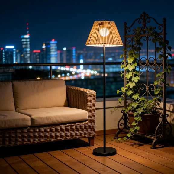 46" Solar Outdoor Floor Lamps for Patio Decor, Rattan Wicker Lights, Hand Woven Lamp Stable Metal Lanterns Outdoor Waterproof Rechargeable, Ideal for Gardens, Yards, Pathways, Driveways and Porches