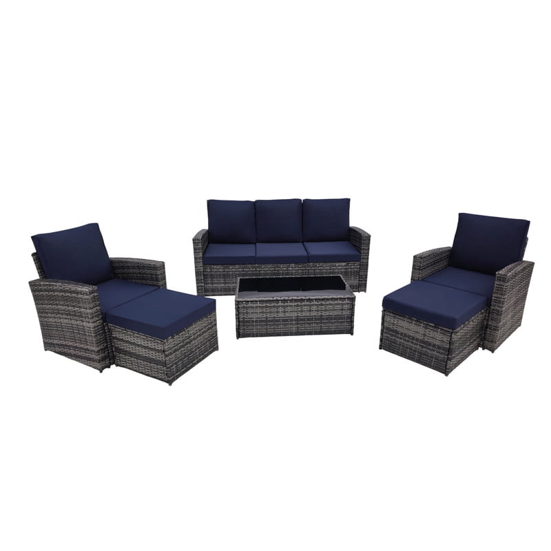 6-Piece Patio Furniture Set with 2 Ottomans, PE Wicker Sectional Sofa Set with Glass Coffee Table, Patio Conversation Set with Thick Cushion for Backyard Lawn