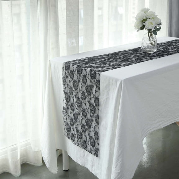 Efavormart 12"X108" Black Vintage Rose Flower Lace Table Runner