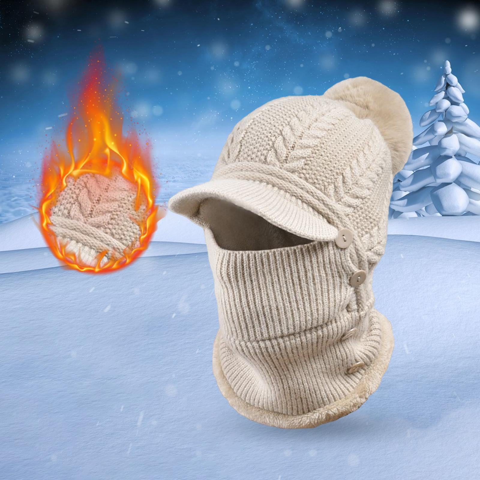 DimyFew Elastic Knitted Beanie Hat Neck Gaiter Breathable Button Warmer Winter Ski Mask Khaki