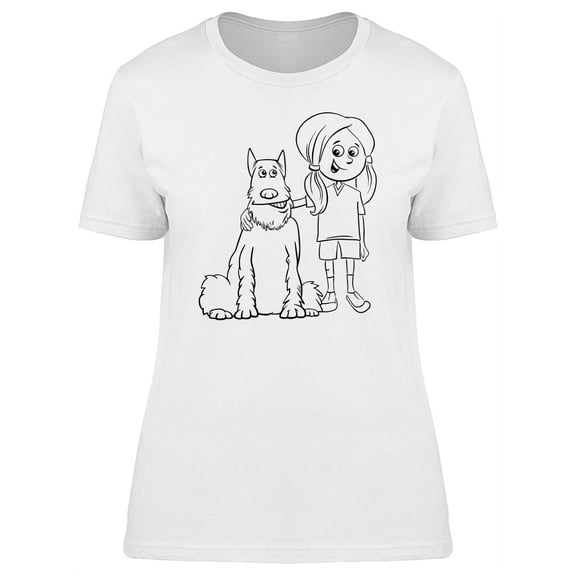 Happy Girl With Dog Cartoon T-Shirt Women -Image by Shutterstock, Female Large