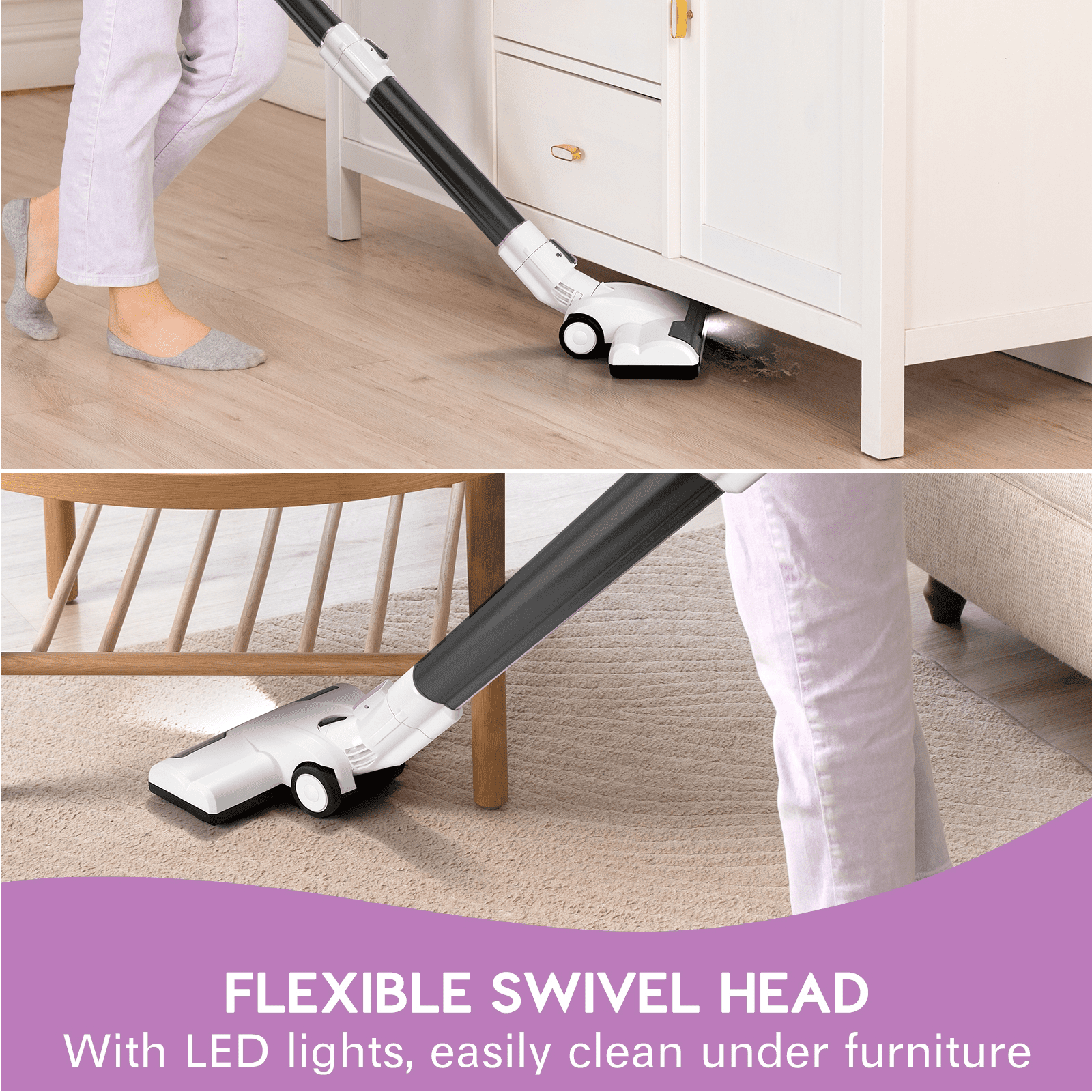 MOOSOO Stick Vacuum Cleaner, 30Kpa Powerful Suction Cordless Vacuum with Headlight Motorized Brush, Self-Standing for Hard Floor, Carpet Pet Hair, Black