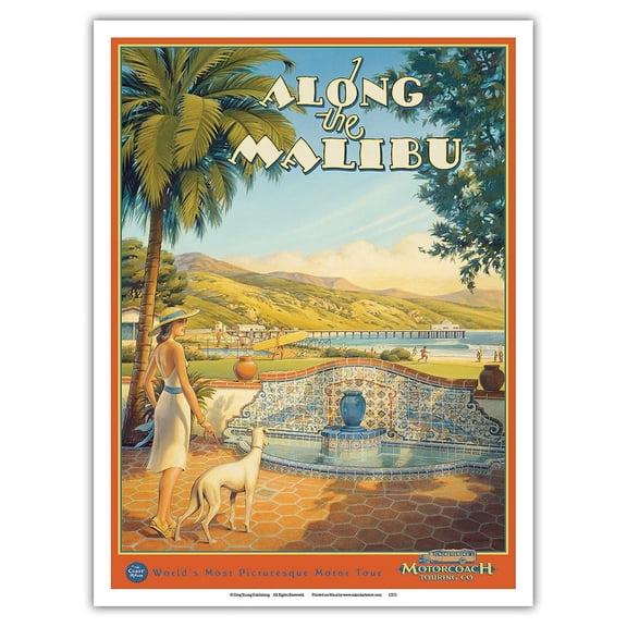 Along the Malibu - California Coast Highway - Motorcoach Touring Company - Vintage Travel Poster by Kerne Erickson - Master Art Print (Unframed) 9in x 12in