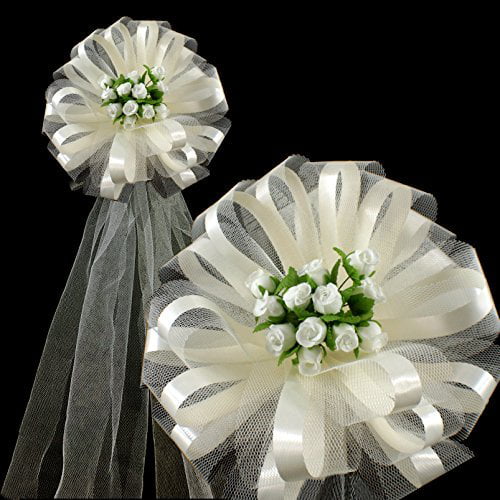 Reception 9 Wide Large Ivory Assembled Wedding Pew Bows with Light Blue Rosebuds & Tulle Tails Set of 6 Aisle Decor Bridal Shower