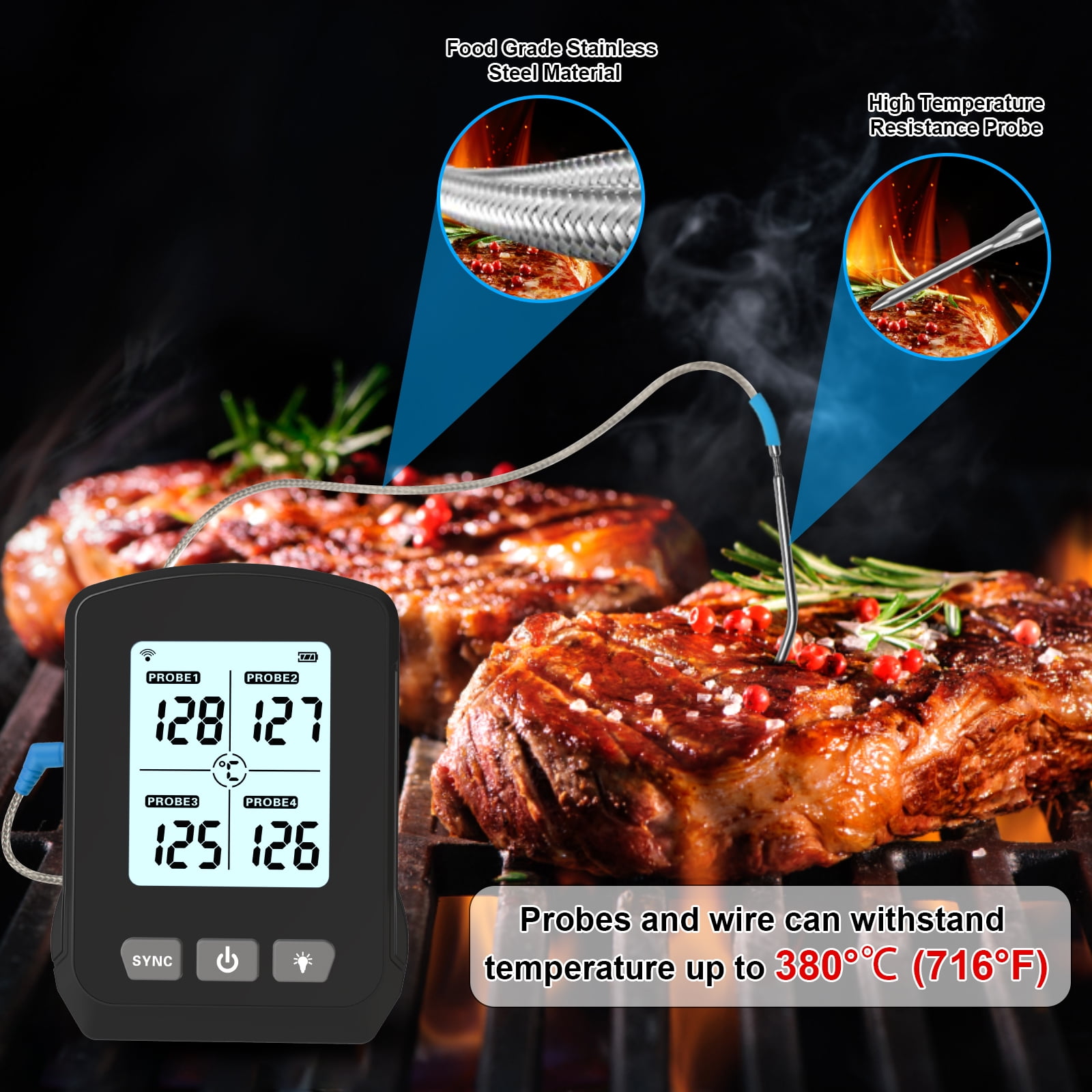 Rilitor Bluetooth Meat Thermometer,Wireless Digital Grill Thermometer with  4 Probes, Oven BBQ Thermometer with 100M/328Ft Smart APP Remote Suit for
