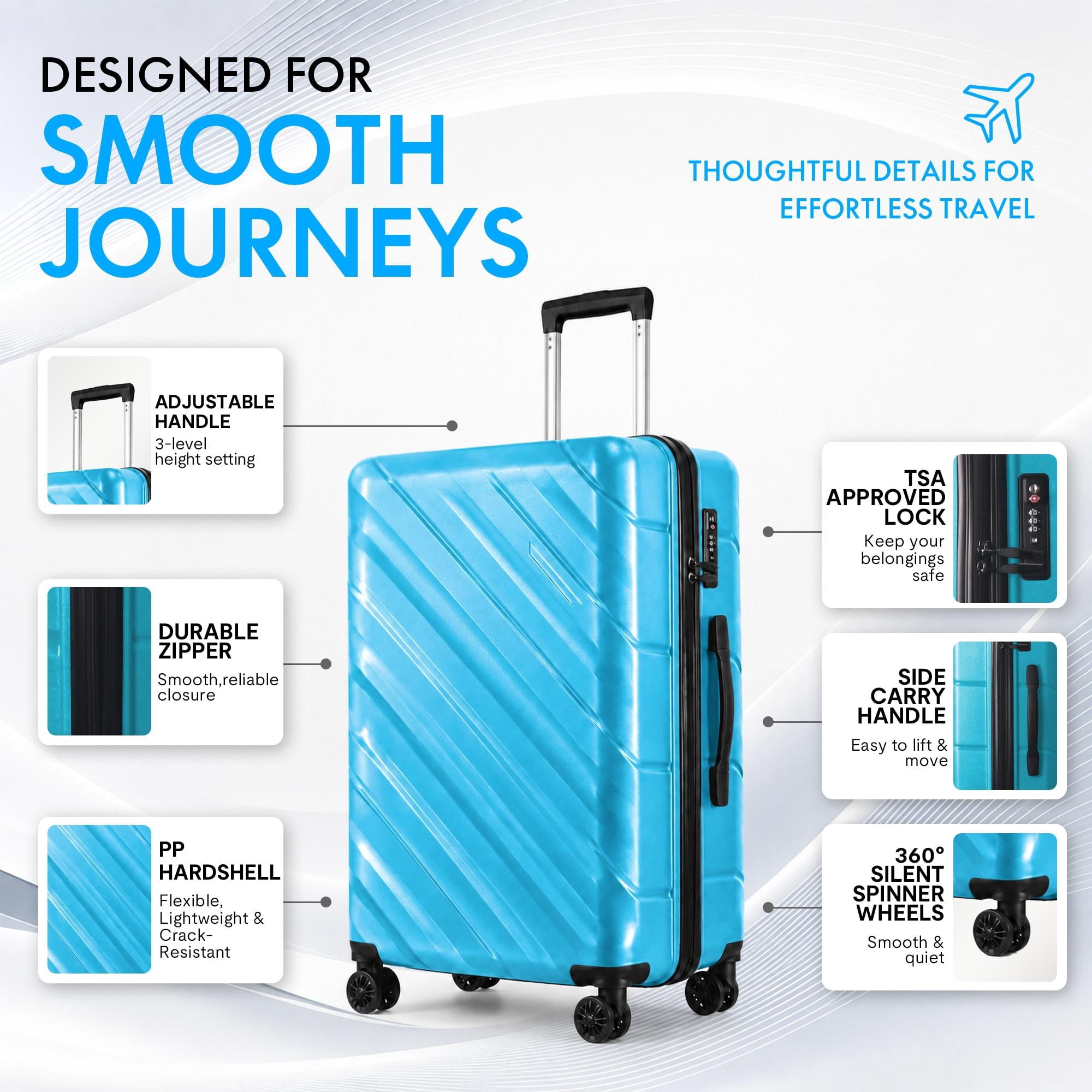 3-Piece PP Hardshell Luggage Set, Lightweight Scratch-Resistant Suitcases with Silent Spinner Wheels & TSA Lock, Peacock Blue