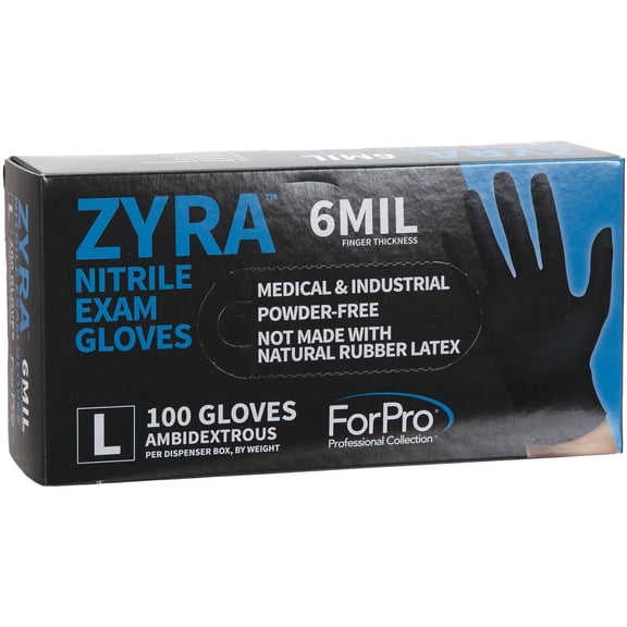 ForPro ZYRA Nitrile Exam Gloves, Medical & Industrial Grade, Powder-Free, Latex-Free, Non-Sterile, Food Safe, 6 Mil, Black, Large, 100-Count