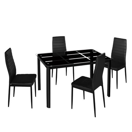 Rectangle Glass Dining Table 4pcs Elegant Assembled Stripping Texture High Backrest Dining Chairs with Simple Assembled Tempered a Rectangle Tempered Glass Dining Table with Nine Block Box Pattern Black ()