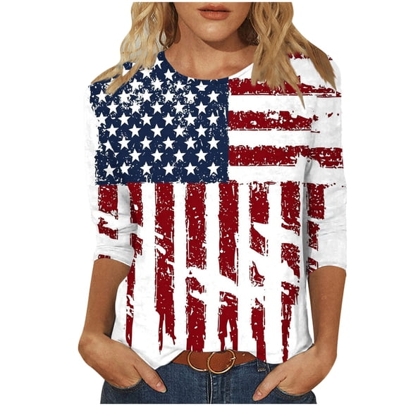 Kezqiaxn 4Th Of July 3/4 Length Sleeve Womens Tops Summer Crew Neck Casual Work Business Blouses Shirts Plus Size Clothes for Women