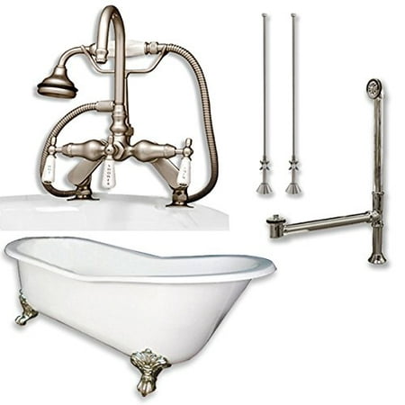 Cast Iron Slipper Clawfoot Tub 67 X 30 With 7 Deck Mount Faucet Drillings And English Telephone Style Faucet Complete Brushed Nickel Plumbing