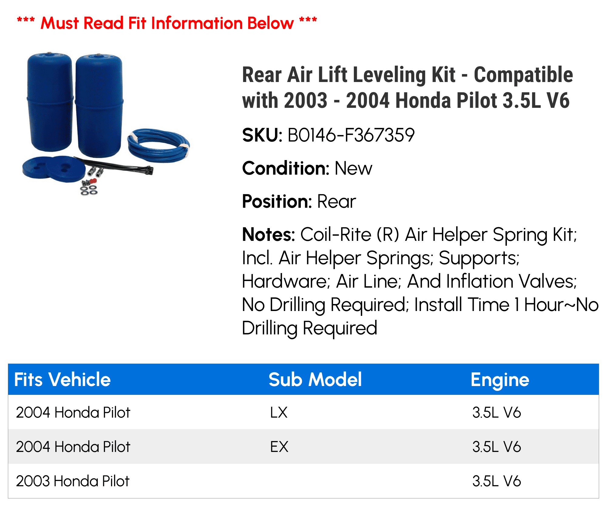 Rear Air Lift Leveling Kit - Compatible with 2003 - 2004 Honda Pilot 3.5L V6