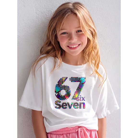 Cool Colorful Metallic Glass Number 6 7 Birthday, The Children's Place Girls' Sports Girls Shirts Short Sleeve Soft 100% Cotton T-Shirts Plain Tees Tops Clothes Crew Neck for Kids