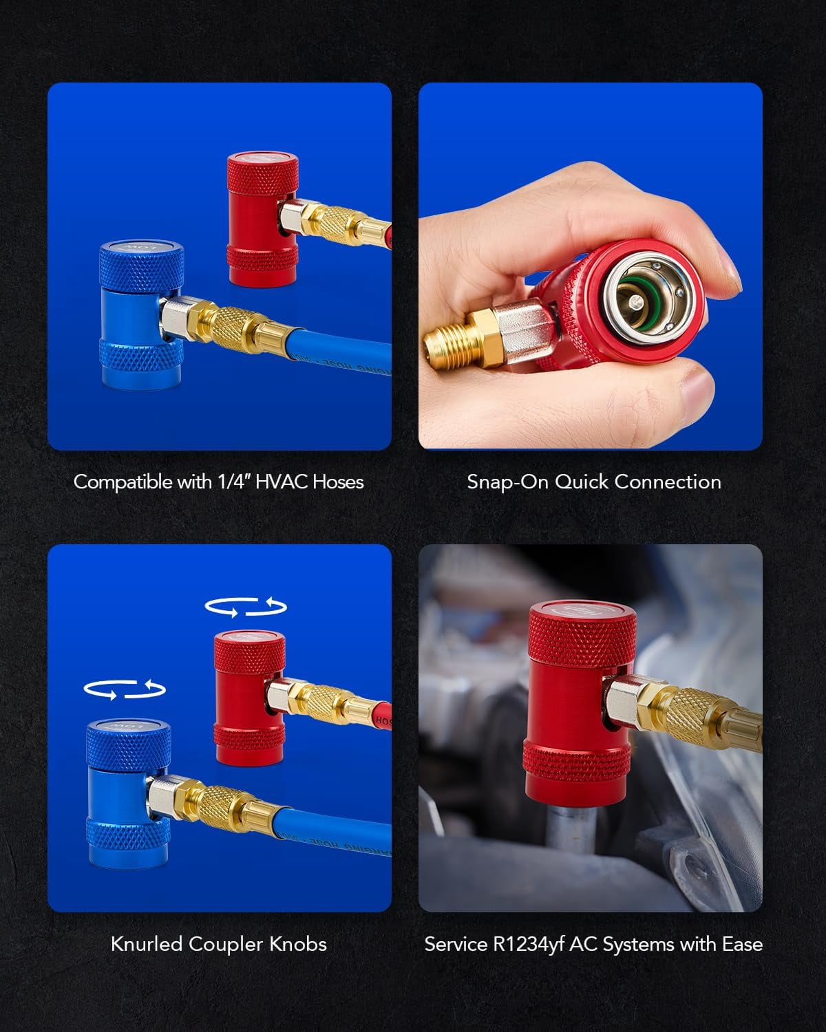 ABPETE  R1234yf Quick Couplers Set, R1234yf Adapter Tool Kit with Self-Sealing & Puncture Can Tap, High & Low R1234yf Couplers Set with Valve Core Remover for 1/4" & 1/2" HVAC Charging Hoses