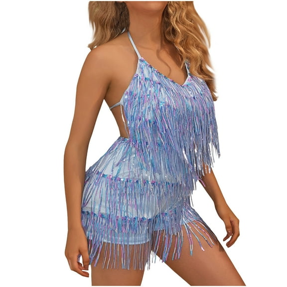 Wyobmus Women Sequin Fringe Romper Sparkly Glitter Backless Short Jumpsuits Latin Dance One Piece Outfit Blue