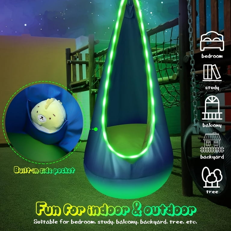 Uutvmp Light Up Kids Pod Swings Seat, Upgraded Kids Hanging Hammocks Swings with LED Lights, Cotton Sensory Pod Swings Chair with Inflatable Pillow, Pod Swings for Kids Indoor & Outdoor