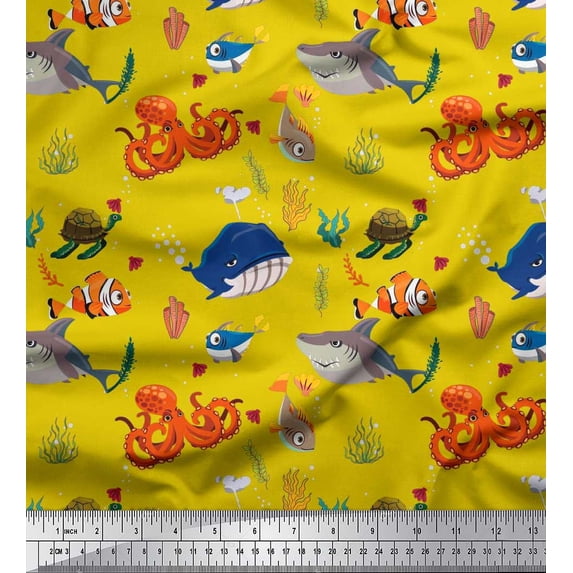 Soimoi Moss Georgette Fabric Coral,Whale & Jellyfish Ocean Printed Fabric 1 Yard 42 Inch Wide