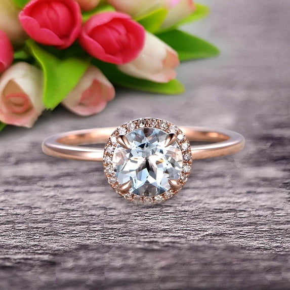 1.25 Carat 6mm Round Cut Aquamarine Engagement Ring On 10K Rose Gold Halo Antique Design, Promise Ring, Anniversary Ring