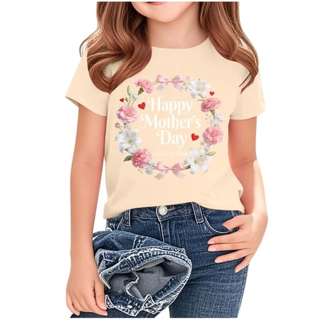 ITSAME Girls Mothers Day T-Shirts Crewneck Short Sleeve Tops Comfortable Festival Graphic Tees Beige Size 2-3