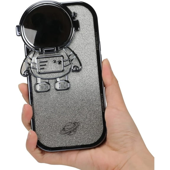 iPhone 13 Pro Max 6.7 Inch Cute 6D Plating Astronaut Camera Lens Protector Kickstand Phone Case for Women Girls Bling Soft TPU Shockproof Anti-Scratch Astronaut Cover-Black