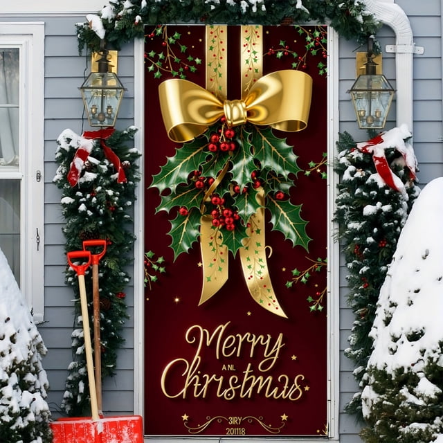 Linnome Christmas Door Decoration Kit - Santa Claus Themed Hanging Cloth with Border Stickers for Festive Entryways