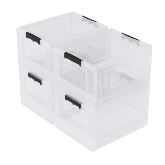 Haodehen 30 L Clear Plastic Collapsible Storage Boxes, 4 Pack Stackable Storage Bins, Folding Crate with Lids