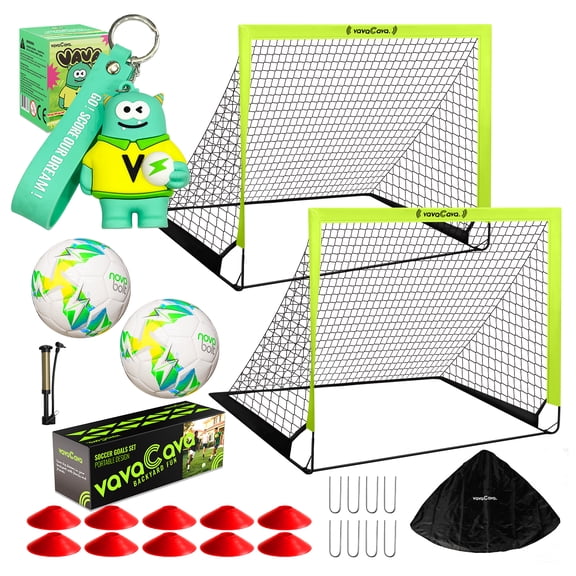 VavaCava 4'x3' Size Portable Soccer Goals Set for Backyard Fun, 2 Nets, 2 Size 3 Balls,10 Marker Cones,Pump & Carry Bag, Outdoor Games for Backyard, Beach, Park, Lawn, Kids Soccer Training Equipment