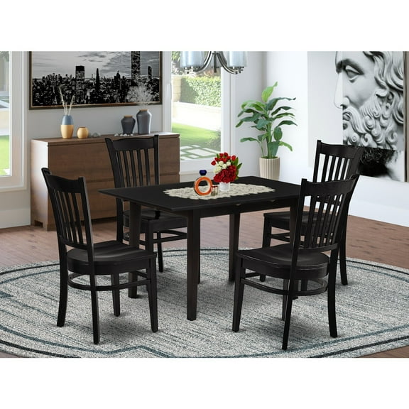Rectangular Dining Table Set with 4 Chairs - Black Finish Wood Dinette Set - Butterfly Leaf Table
