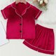 thumbnail image 2 of Odeerbi 1-8 Años Niños Niñas Pijama de Verano de Satén Con Solapa de Muesca Camisa de Manga Corta Pantalón Conjunto de Ropa de Dormir Suave, 2 of 9