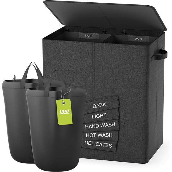 SDES-Double Laundry Hamper with Lid, 135L Clothes Hampers for Laundry with Removable Bags & Labels, Laundry Hamper 2 Section for Separating, Large Laundry Basket for Laundry Room, Bedroom, Dark Grey