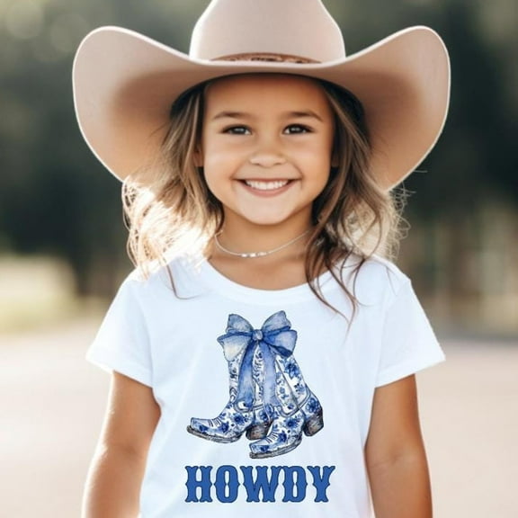 Howdy Girls Toile Patterned Blue Cowboy Boots Tee Shirt, Toddler T-Shirt, Western Rodeo Cute Tee, Coquette Bow, Country Farm Girl Gift TODDLER SHORT SLEEVE TEE BELLA CANVAS 3001T