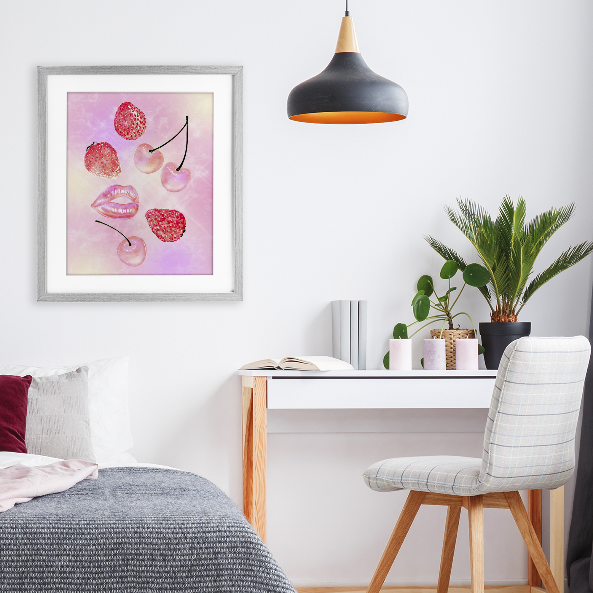 Pink Fruits and Kisses Gray Framed Print Under Glass, design by Ziwei Li