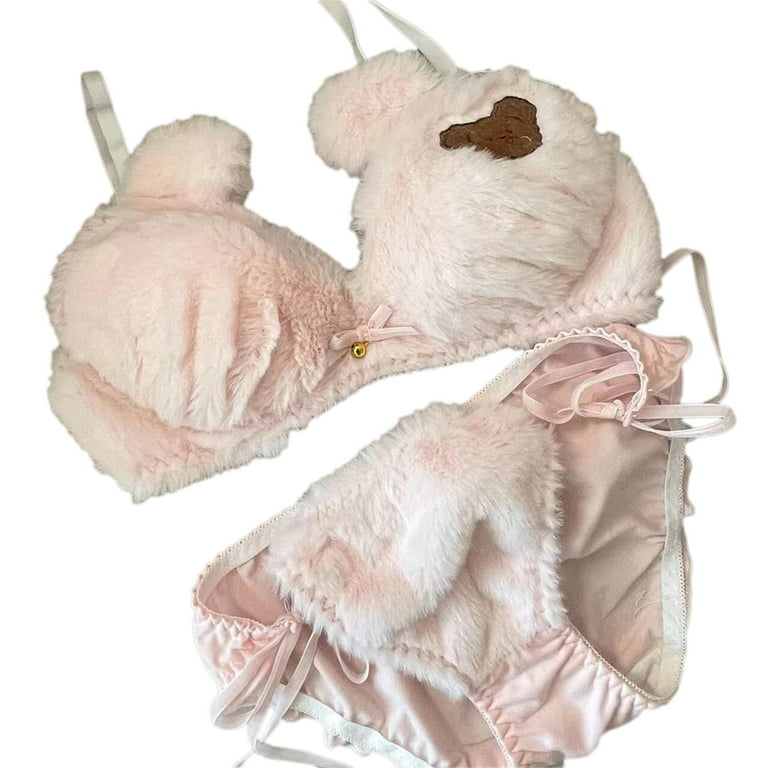 Womens Lolita Kawaii 2pcs Bra Panty Set Cute Bear Fluffy Faux Fur Underwire  Underwear Plush Ball Bow Anime Lingerie 