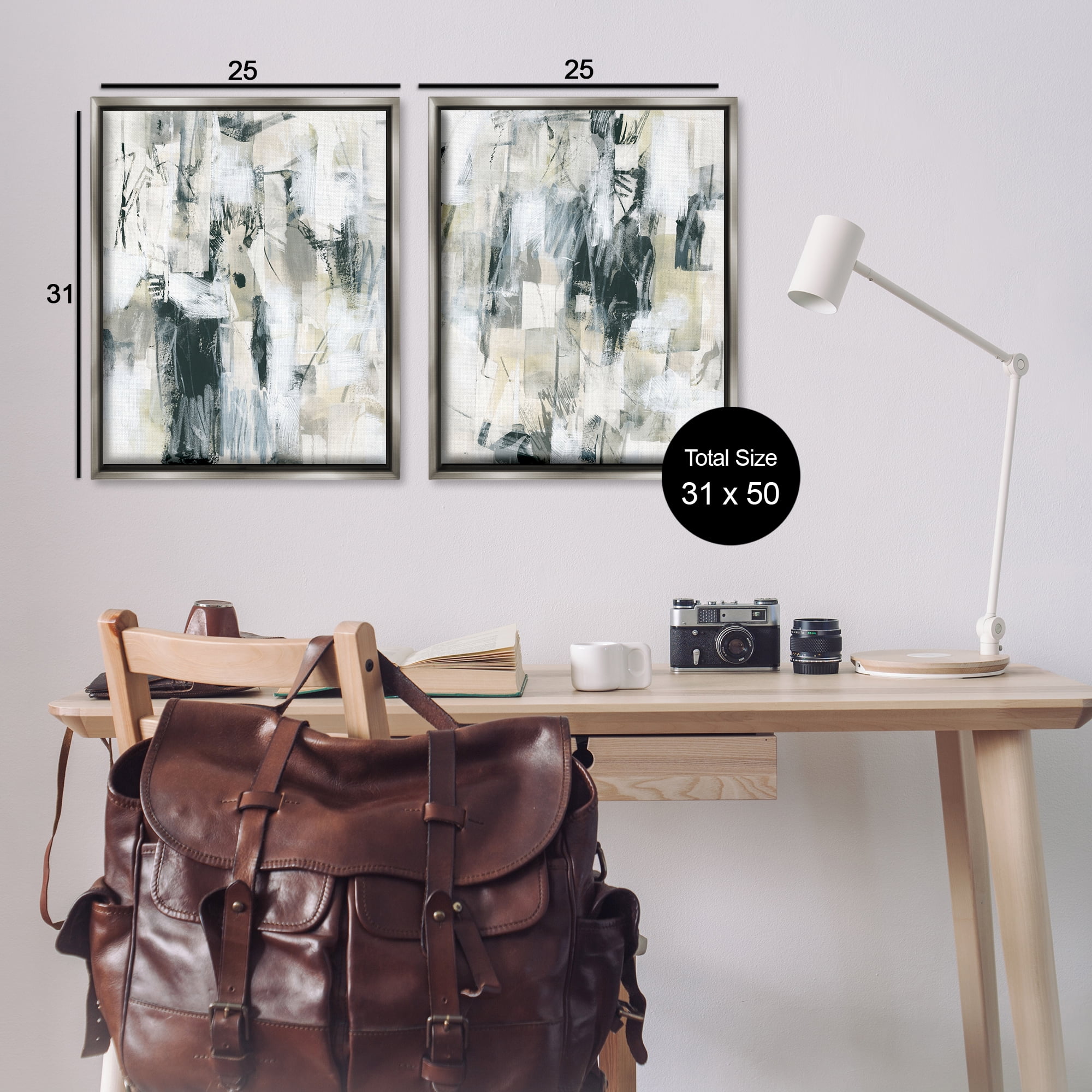 Stupell Industries Abstract Charcoal and Beige Abstract Painting Gray Floater Framed Canvas Art Print Wall Art, 31 x 25, Set of 2