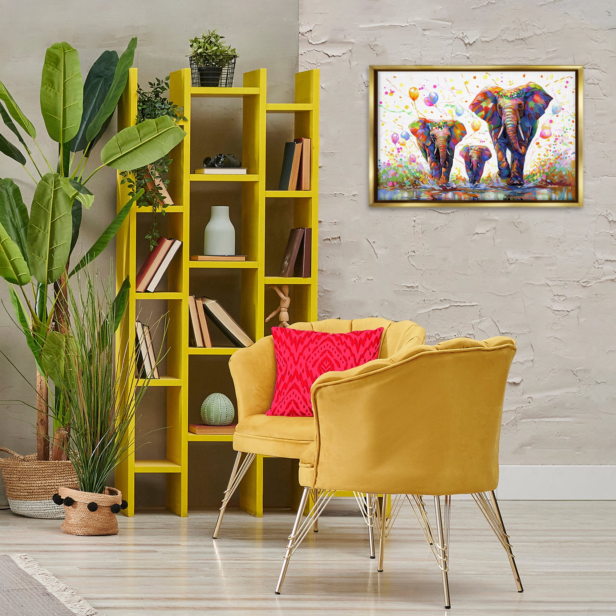 Stupell Industries Elephants & Celebration Balloons Animals & Insects Painting Gold Floater Framed Canvas Art Print Wall Art, 25 x 17